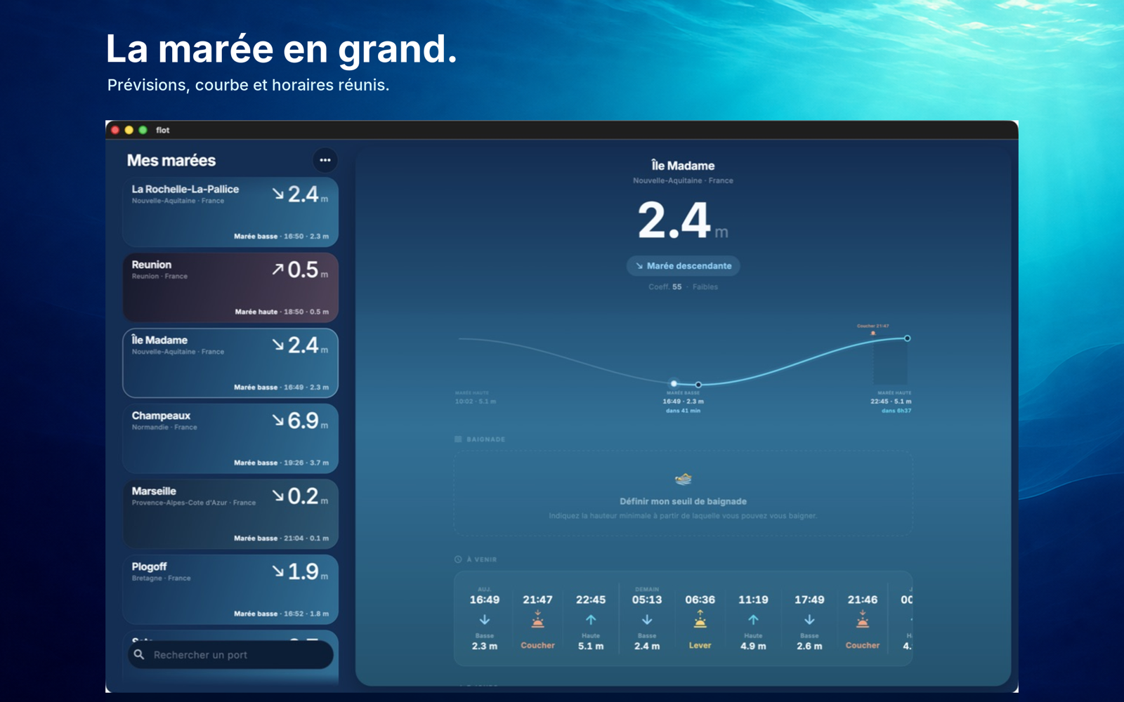 Flot sur Mac avec plusieurs lieux et la courbe de marée